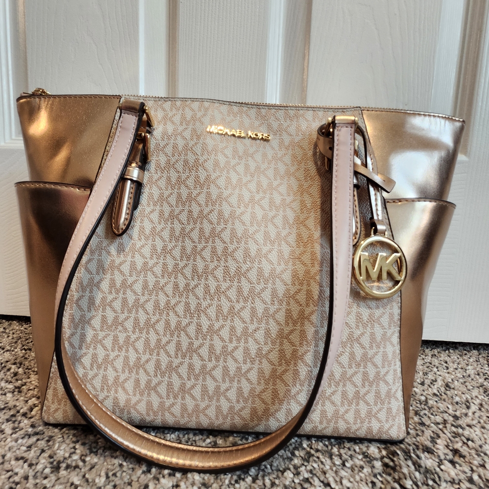 Michael Kors Metallic Rose Gold and Tan Tote